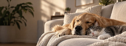 Perro y gato durmiendo juntos en un sofá