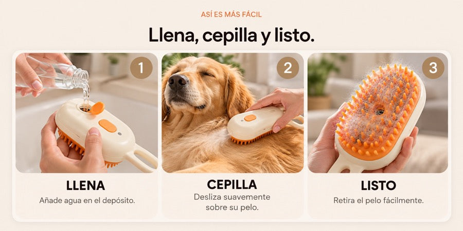 Tres pasos: llena el depósito de agua, cepilla a tu mascota, retira el pelo suelto